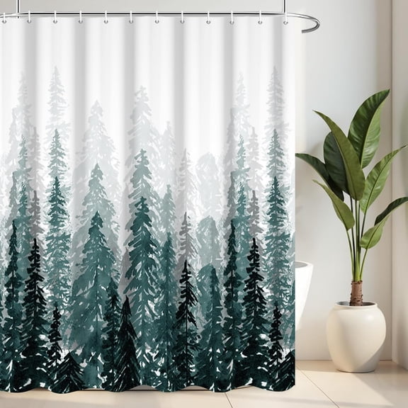 Dark Green Misty Forest Shower Curtains for Bathroom,Waterproof Fabric Bathroom Curtains Washable Nature Pine Tree Fog Shower Curtain Sets with 12 Pcs Hooks, 72x72 Inch