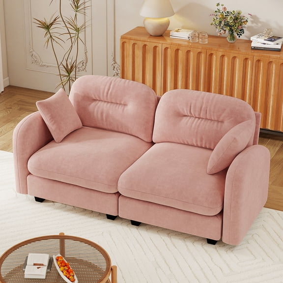 Chenille Loveseat Cloud Sectional Couches,Tufted Cushion Backrest Design,Armrests High Quality Wooden Base,Pink