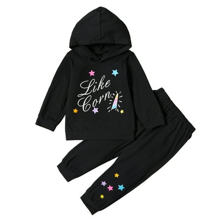 

NZRVAWS Baby Girls Outfits Long Sleeve Letter Print Hoodie Top +Elastic Pants 2Pcs Clothes Set 18-24 Months Black