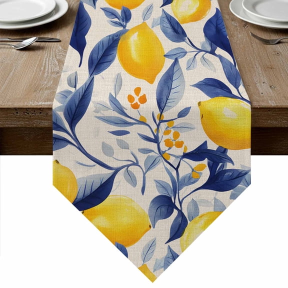 Yellow Lemon Table Runner Linen Burlap Table Runner 108 Inches Long Blue Leaf Vintage Botanical Summer Spring Dresser Scarves for Kitchen Island Coffee Dining Party Wedding Holiday Decor 13"x108"