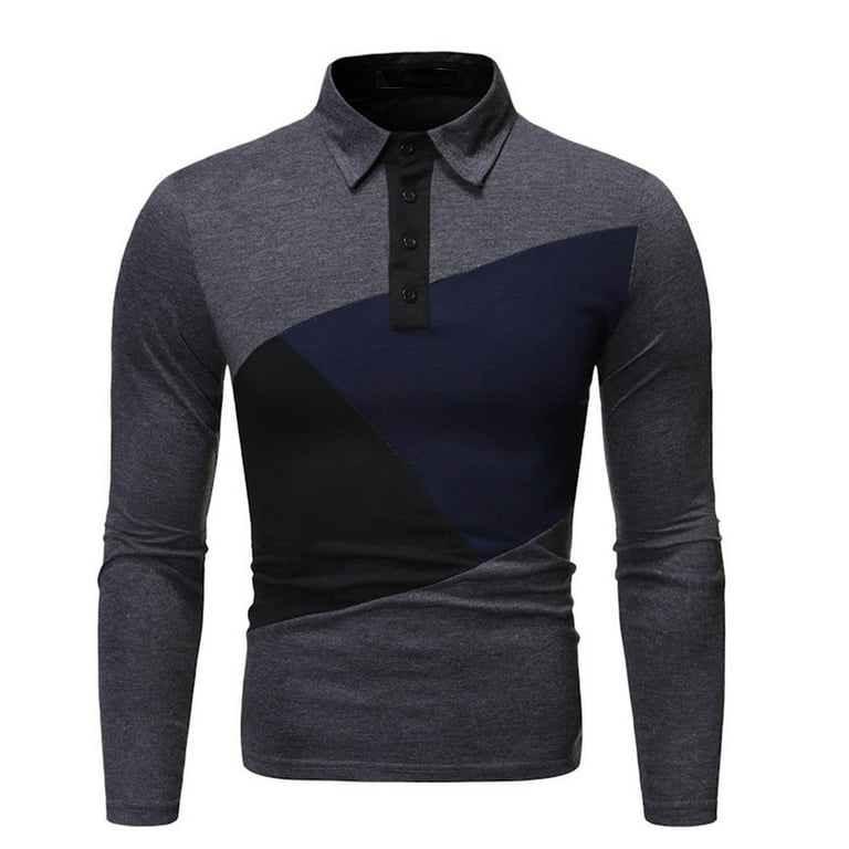 Vsssj Shirts for Men Plus Size Fashion Color Block Patchwork Long Sleeve Button Collared T-shirts New Trendy Comfortable Autumn Winter Tee Shirt Dark