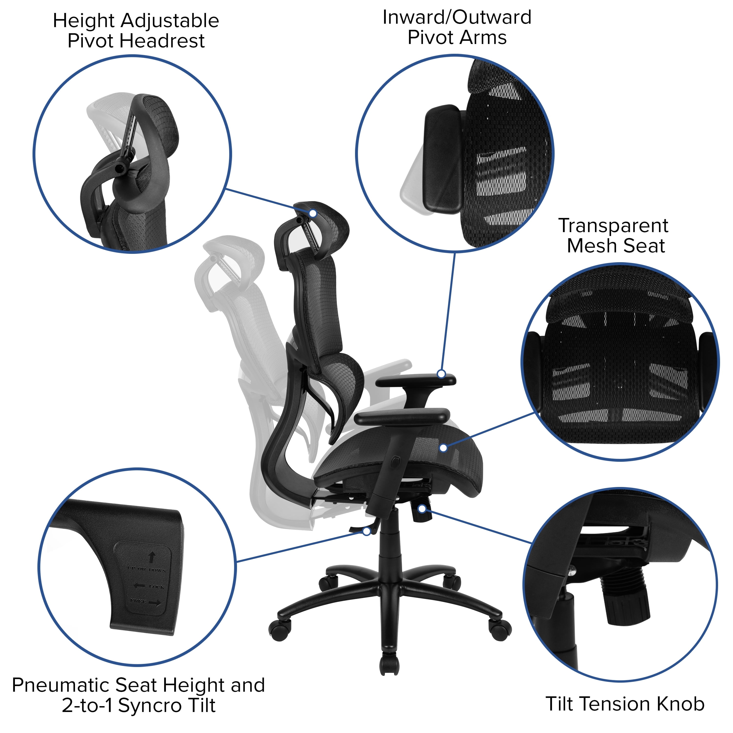 Flash Furniture Ergonomic Mesh Office Chair with 2-to-1 Synchro-Tilt, Adjustable Headrest, Lumbar Support, and Adjustable Pivot Arms in Black