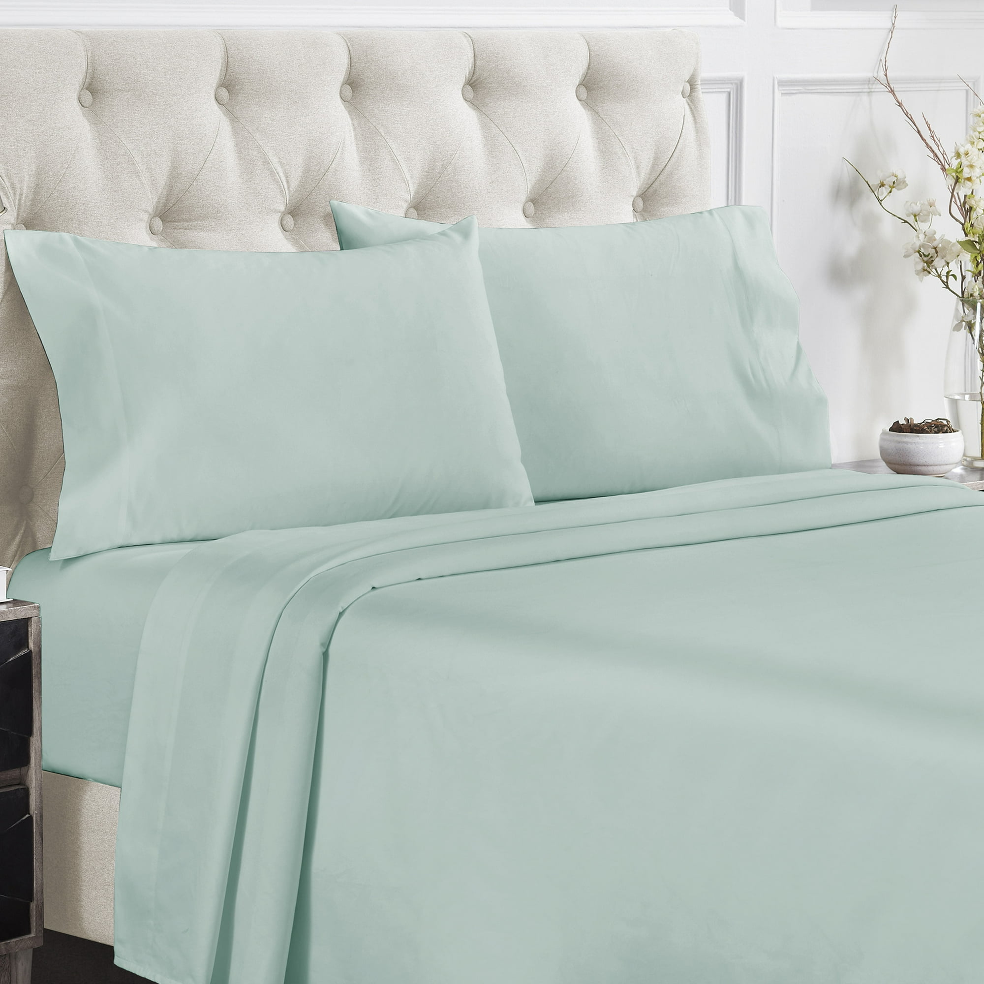 Parure de lit 4 pièces en coton, 100 % coton, 300 fils au pouce carré, satin uni, poche profonde – Gris – King size