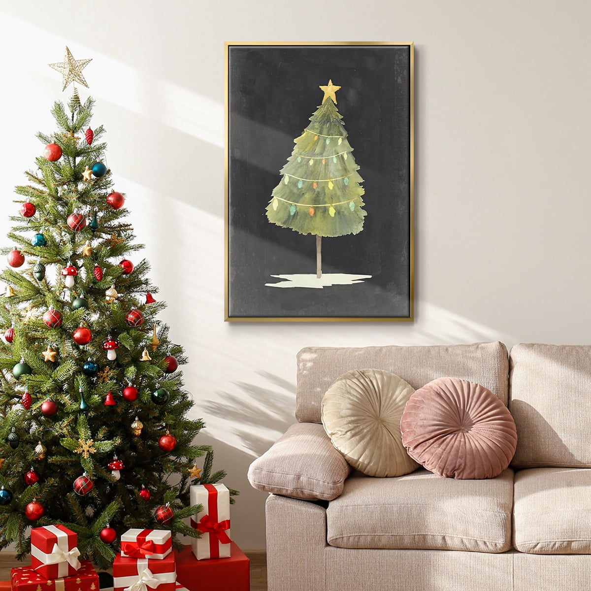 Christmas Glow I - Framed Gallery Wrapped Holiday Canvas - 25 x 37 - Gold Frame