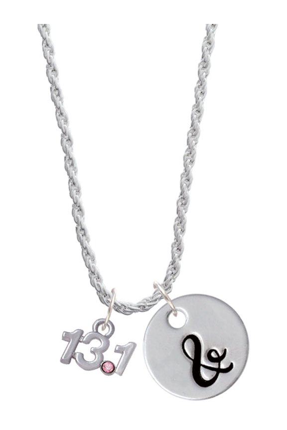 Silvertone Half Marathon - 13.1 with Pink Crystal Silvertone Script Initial Disc - & - Charm Necklace, 20"+3"