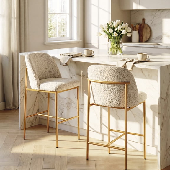 COLAMY Aurelia 25" Counter Height Bar Stools Set of 2, Modern Upholstered Kitchen Island Chairs with Gold Metal Frame, Durable Tweed Fabric for 34-40" Counter - Beige