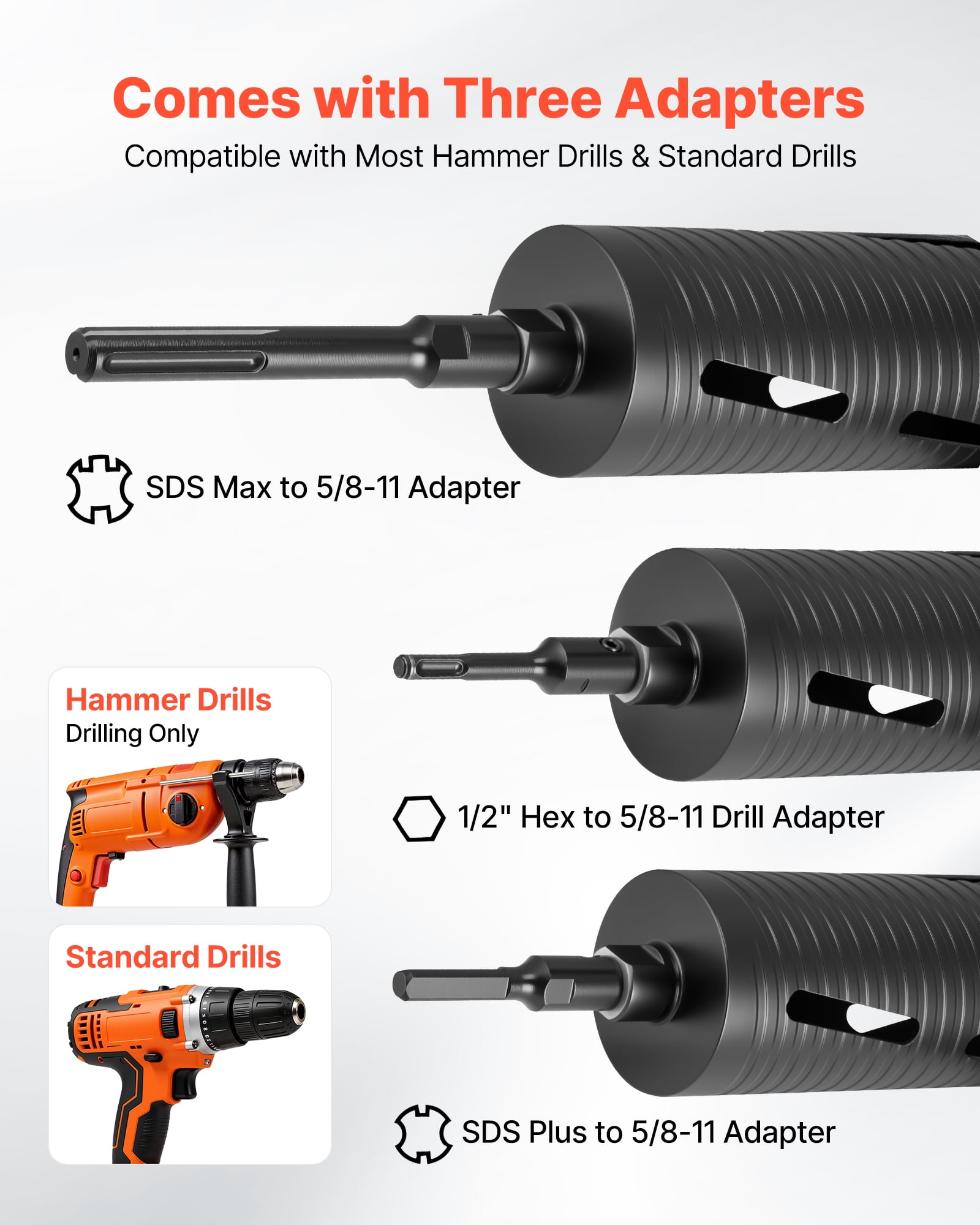 VEVOR Core Drill Bit, 4-1/4 inch Diameter, 9-1/2 inch Drilling Depth, 5/8-11 Internal Thread, Diamond Dry Coring Bit with 3 Adapters, Pilot Drill and Hex Wrench, for Concrete, Red Bricks, and Masonry