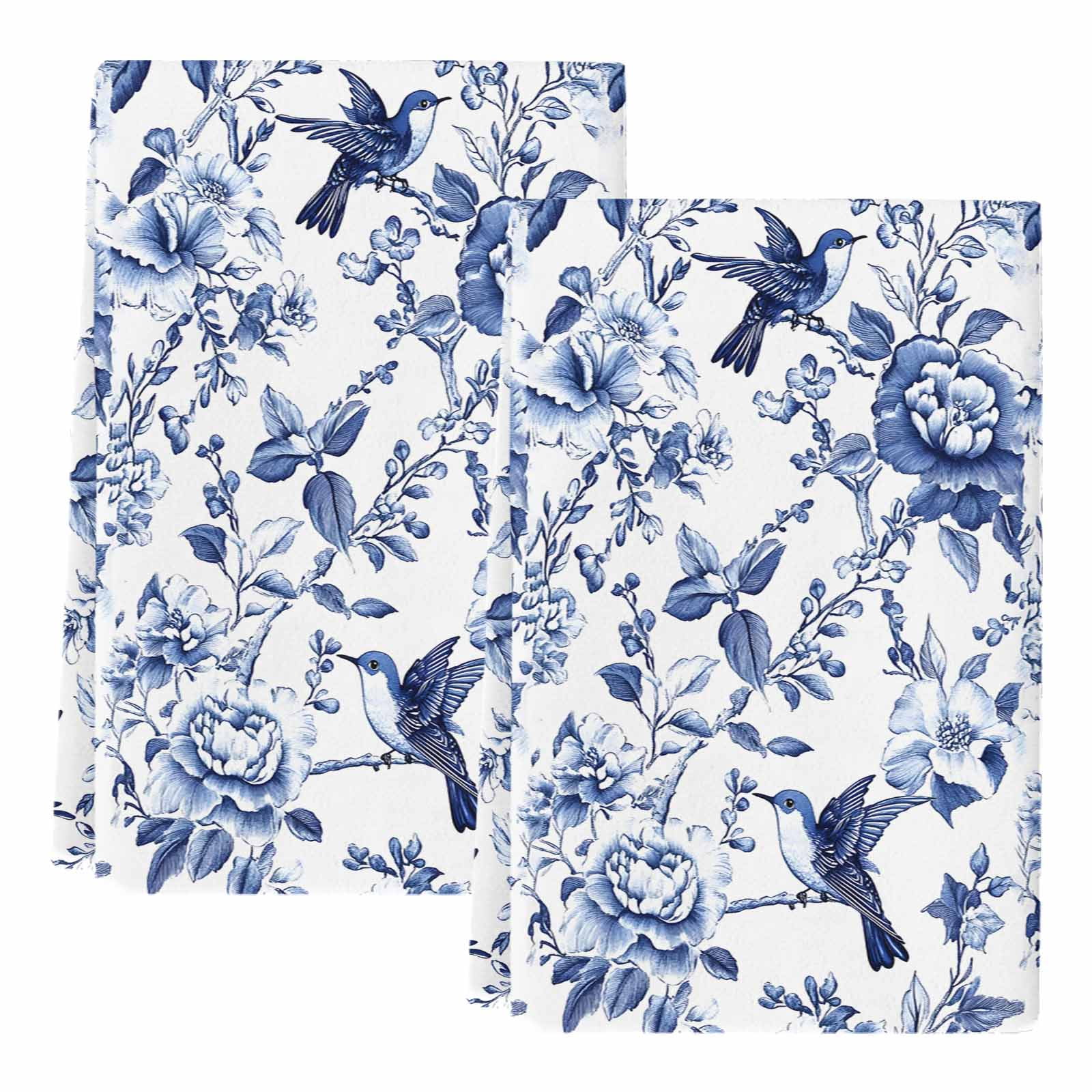 White Blue Spring Floral Kitchen Towels Set of 2, Summer Botanical Hummingbird Absorbent Dish Towels for Kitchen, Microfiber Hand Towel, Quick Drying Tea Towel for Cleaning Decorative Dishcloths