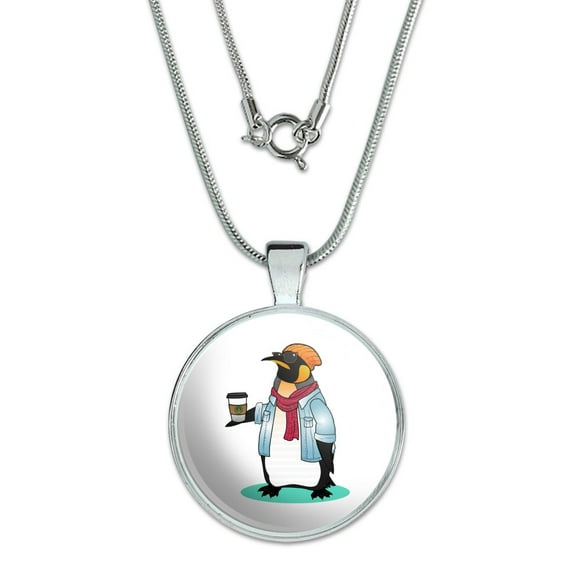 Cool Penguin Hipster with Coffee 1" Pendant with Sterling Silver Plated Chain
