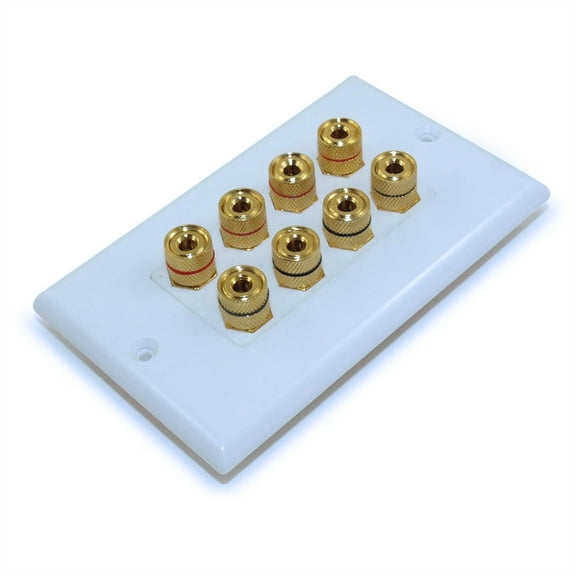 Wall plate: 4 Speaker (8 input jacks) for Banana Plugs Gold Plate,White