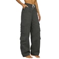 thumbnail image 2 of Women's High Waisted Work Pants with Drawstring, Loose Fit Cargo Pants with Multiple Pockets, Casual Straight Leg Trousers for Daily Wear, Streetwear and Outdoor Activities-Dark Gray, 2 of 8
