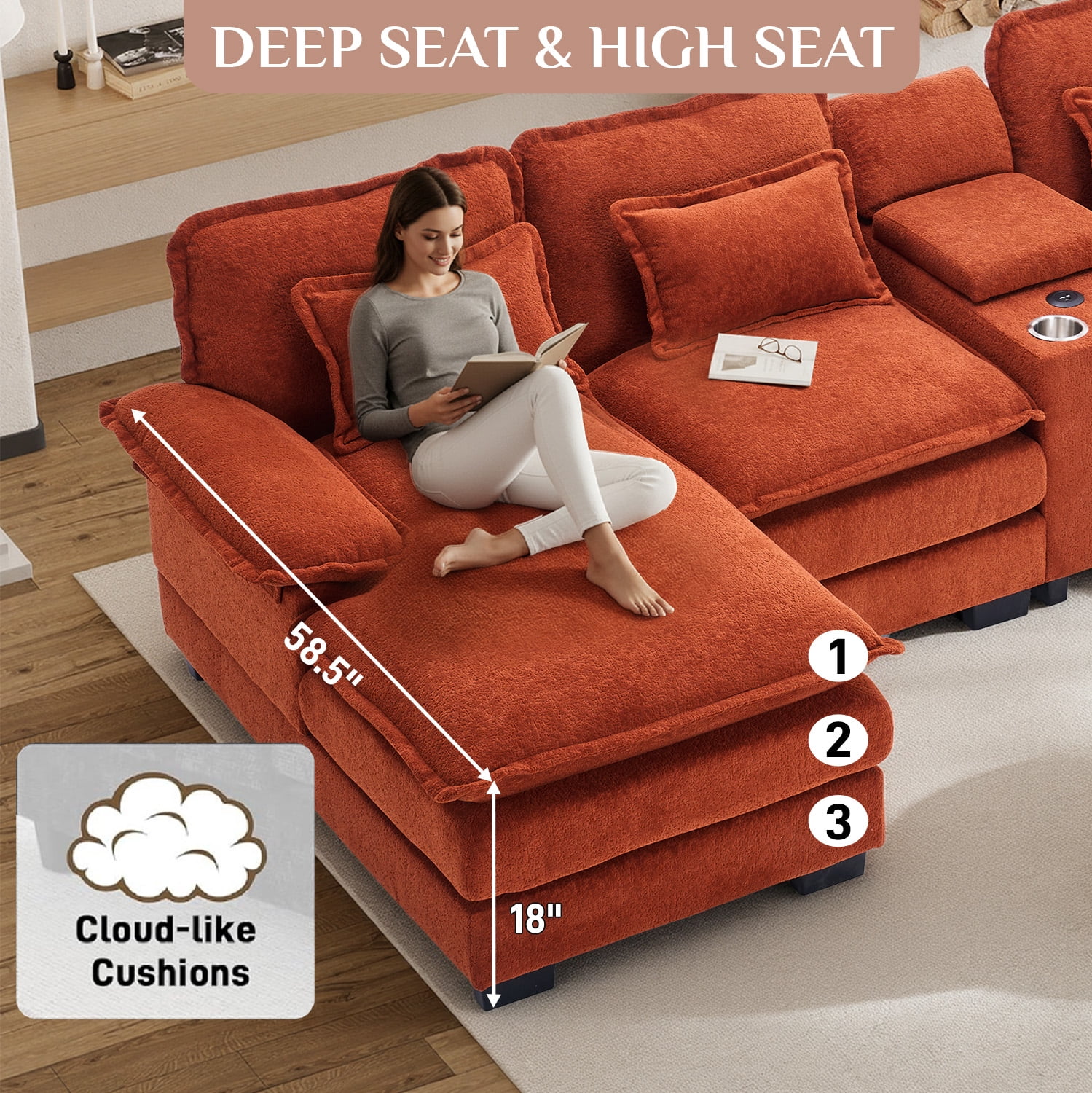 Wiilayok 133" U Shaped Cloud Couch Modular Sectional Couches for Living Room Fluffy Chenille Deep Seat Sofa set w/ Double Chaise Lounge, Storage Central Console, Cup Holders, USB Port, Sunset Orange