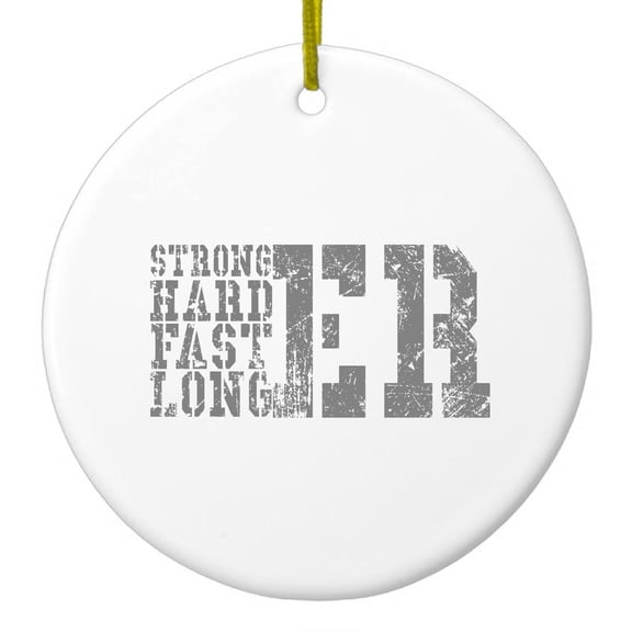 DistinctInk Hanging Ceramic Christmass Tree Ornament with Gold String - Great Gift / Present - 2 3/4 inch diameter - Stronger Harder Faster Longer