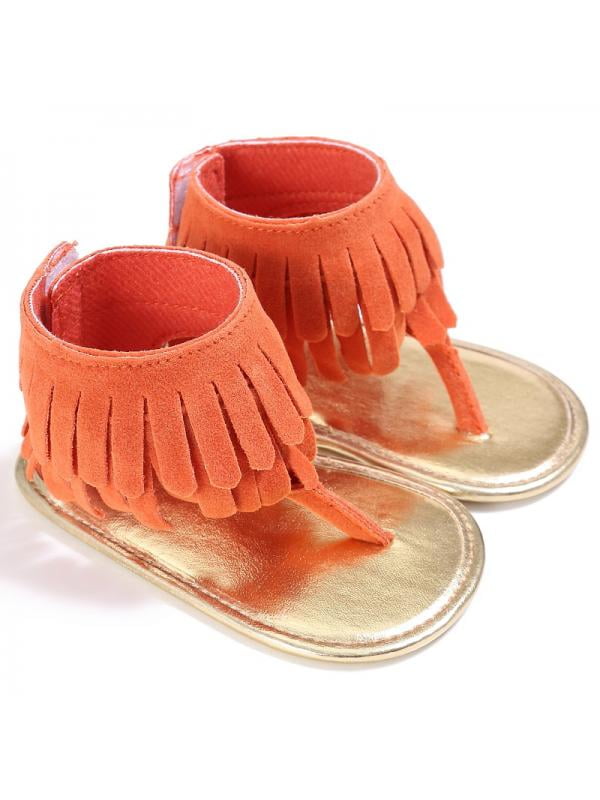 11, Orange Nesee Toddler Girl Crib Solid Shoes Soft Sole Anti-slip Fringe Sandals