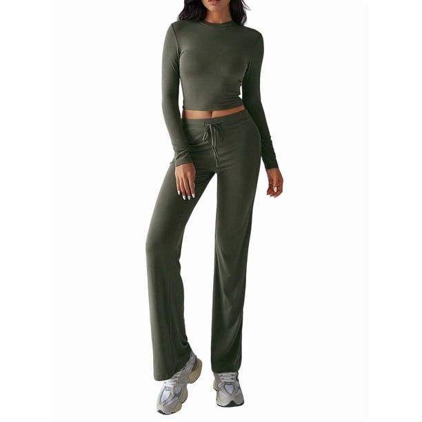 Conjuntos de 2 Piezas para Mujer, Larga, Cuello Redondo, Pantalones Acampanados de Cintura Alta, Conjuntos de Chándal, Ropa de Calle. Verde L