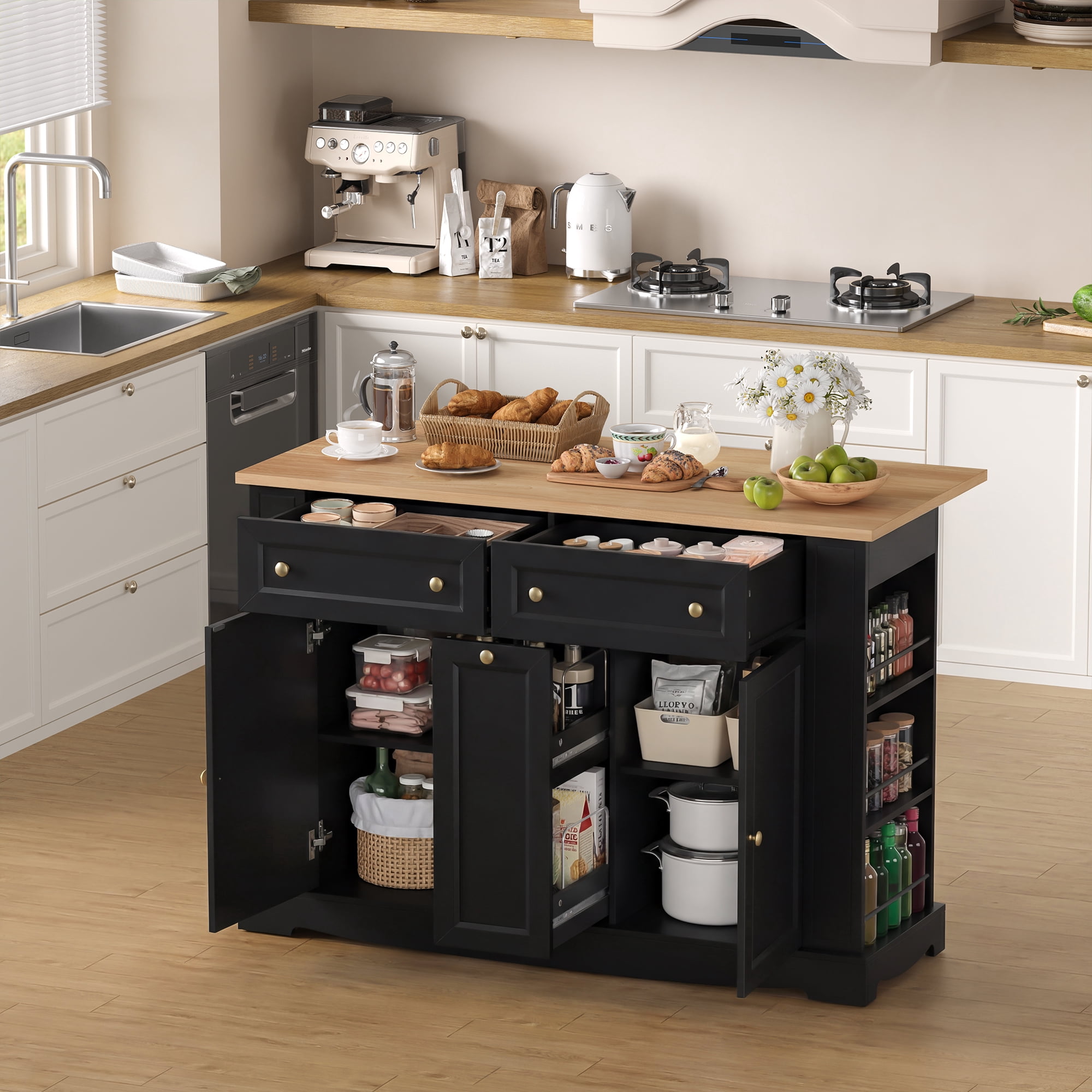 Homfa Mobile Kitchen Island with Rubberwood Countertop, 3 Drawer 2 Door Kitchen Cart with Drop Leaf and Casters for Kitchen Dining Room, Black