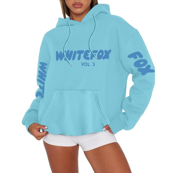 Flash Deal White Fox Hoodies For Teen Girls Women's Fashion Casual Letter Printed Long Sleeved Round Neck Drawstring Hooded Sweatshirt Oversized Hoodies For Women Light Blue S-5XL Clearance