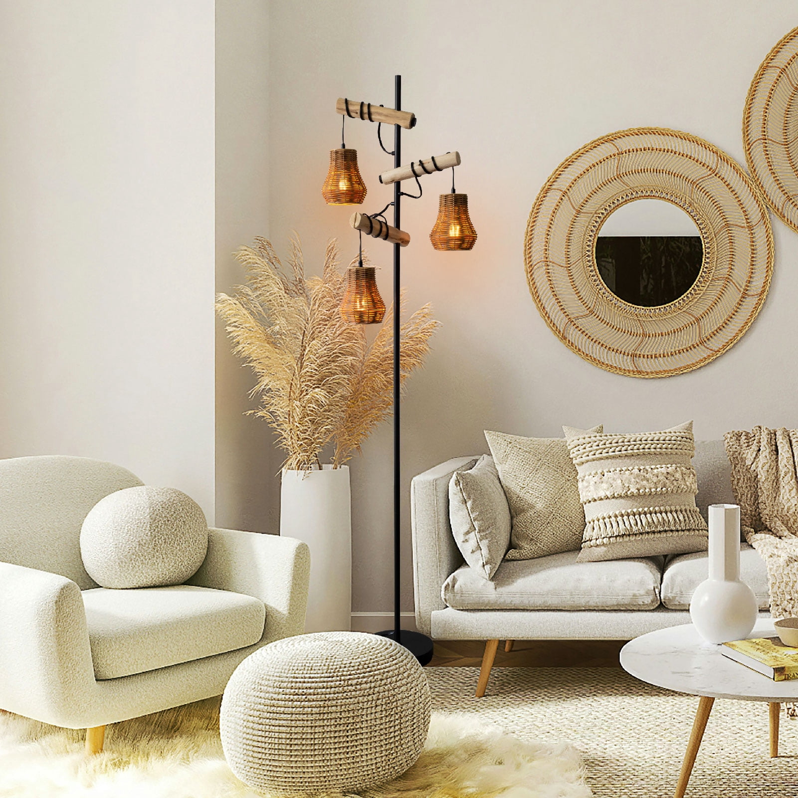 Rattan 3 Lights floor lamp, Wooden Floor Lamps for Living Room, 3 Light Rustic Standing Tall Lamp, Tree wooden Floor Lamp for Bedrooms Room, Office, Bar