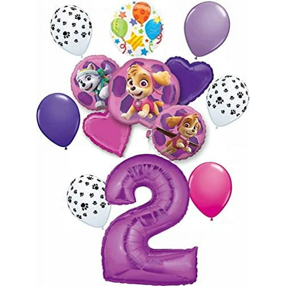 Paw Patrol Party Supplies Skye and Everest Pups 2nd Birthday Balloon Bouquet Decorations Purple Number 2