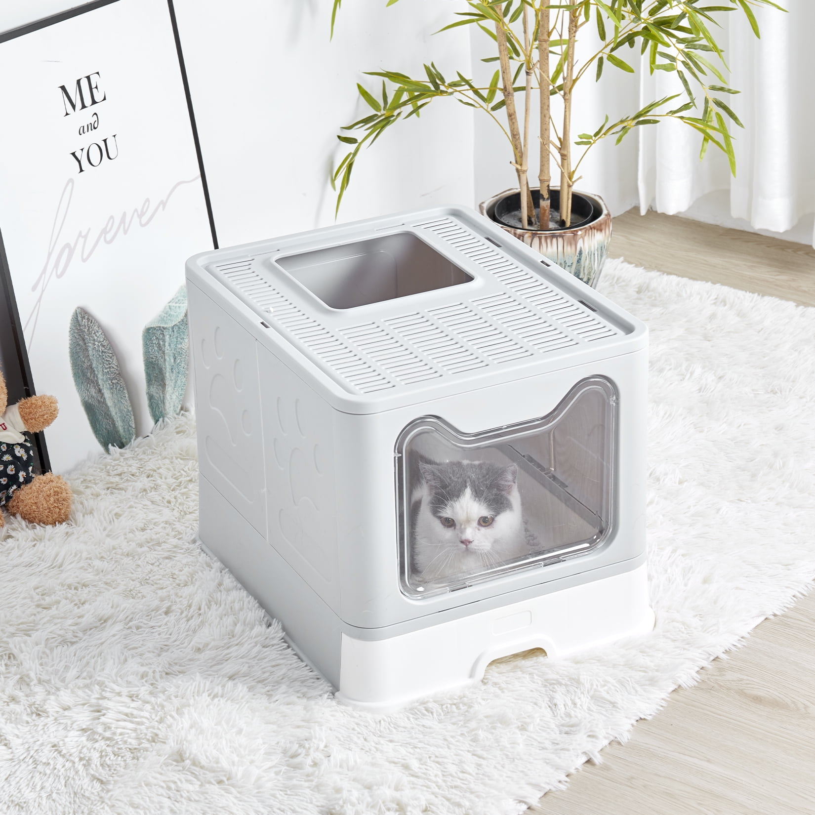 XXL Large Folding and Portable Cat Litter Box with Lid, Enclosed Cat Potty, Top Entry Anti-Splashing Cat Toilet, Easy to Clean Including Cat Litter Scoop