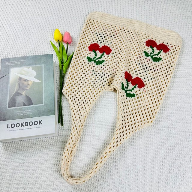 Bolso que combina con todo para mujer, bolso de mano de ganchillo con patrón de cereza y fresa, bolso de punto