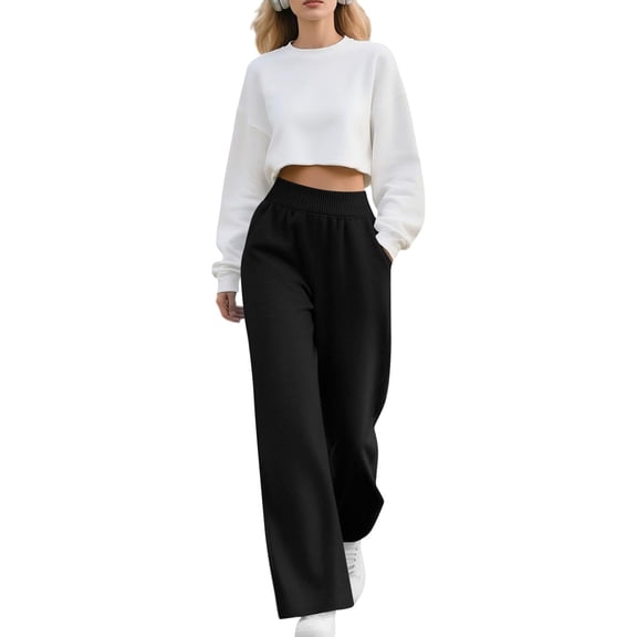 Women's Wide Leg Sweatpants, Loose Fit High Waist Joggers, Elastic Waistband Casual Pants with Pockets, Straight Leg Lounge Pants, Comfortable Athletic Wear, 2025 Fall Fashion Black L
