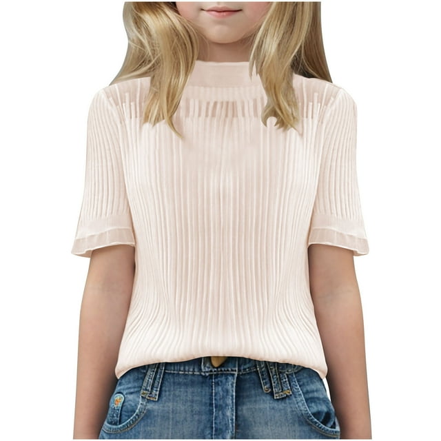 biudgviw Blouses for Girls Ruffle Short Sleeve Mesh Mock Neck Ribbed Textured Lace Shirts Casual Loose Tee Tops 6-15 Y