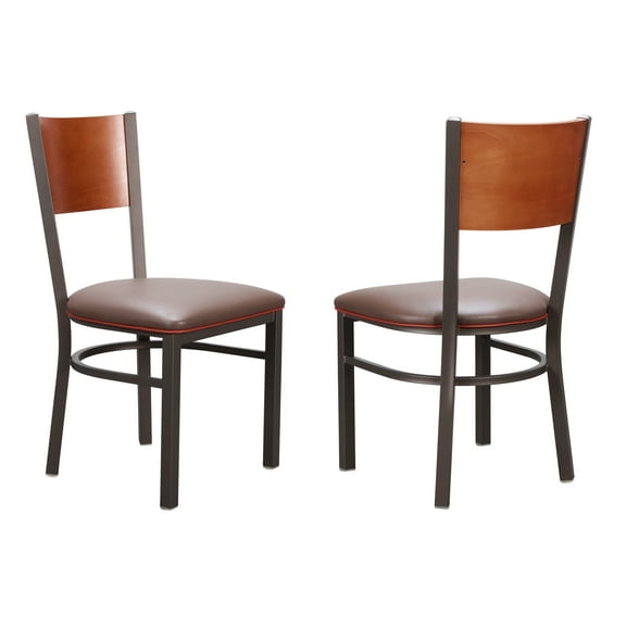 Linon Ervin Metal Side Chair, Set of 2, Meadium Oak Finish with Brown Faux Leather