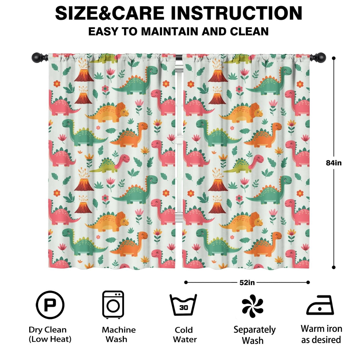 Blackout Kids Curtains,Dinosaur and Volcano Pattern Childrens Insulated Curtains Set Of 2,Bedroom Essentials,Toddler Room Decor 52"x84"