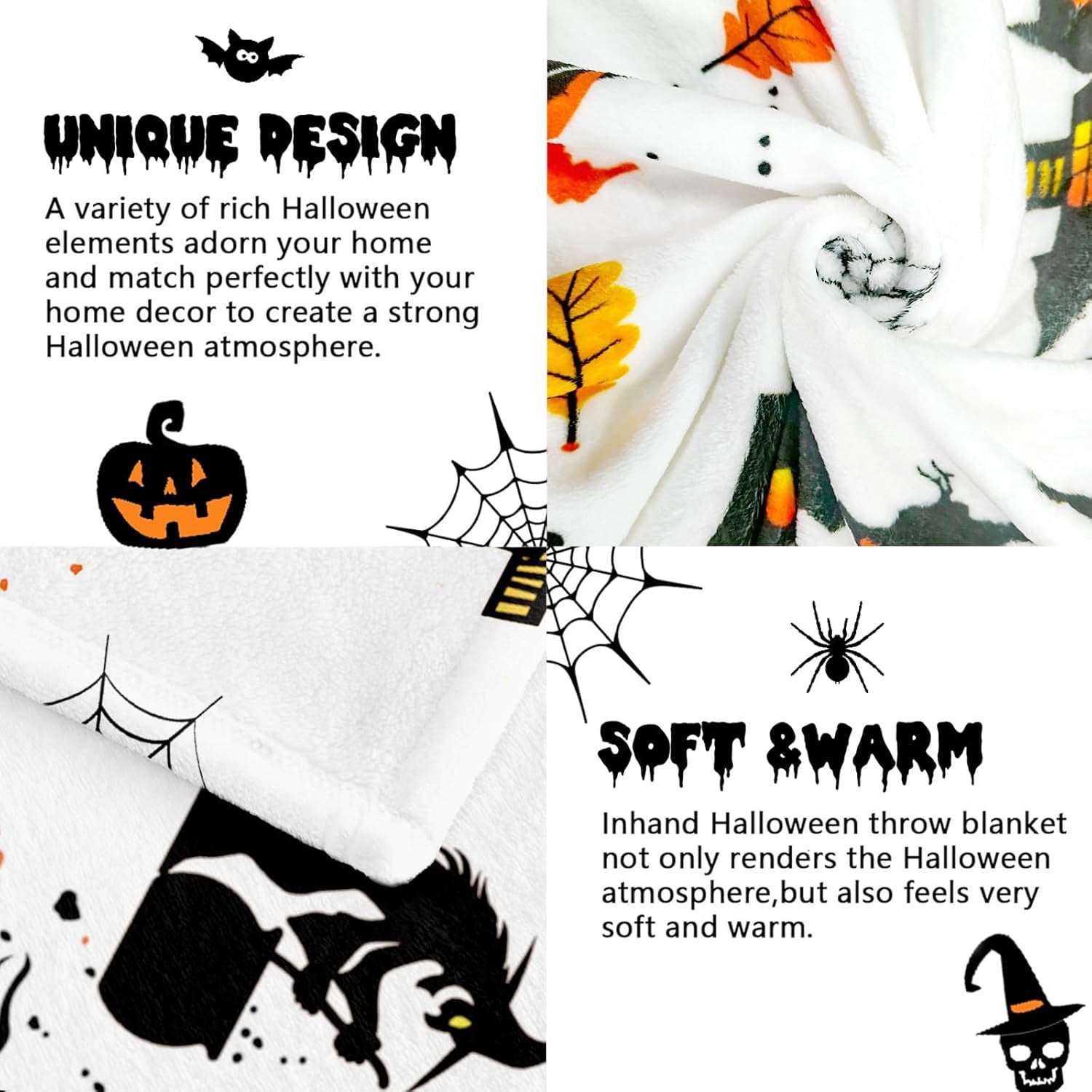 Halloween Fleece Throw Blanket, Spooky Black Witch Bats Tombstones Plush Soft Lightweight Flannel Fleece Blanket 50"x60"