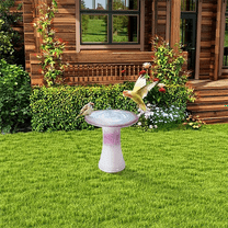 MIDOQIN 18.12'' Ceramic Bird Bath for Outdoors, Heavy Duty - Cold-Weather Resistant Gloss Finish, Attracts Birds for Yard, Patio or Lawn Décor, Pink White