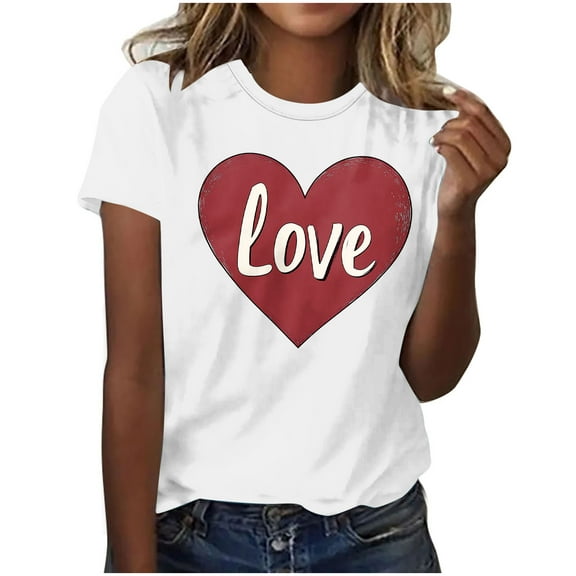 Love T Shirts for Women Casual Valentine's Day Girl Friend Gift Blouses Heart Graphic Printed Tees Plus Size Loose Short Sleeve Round Neck Shirt Top