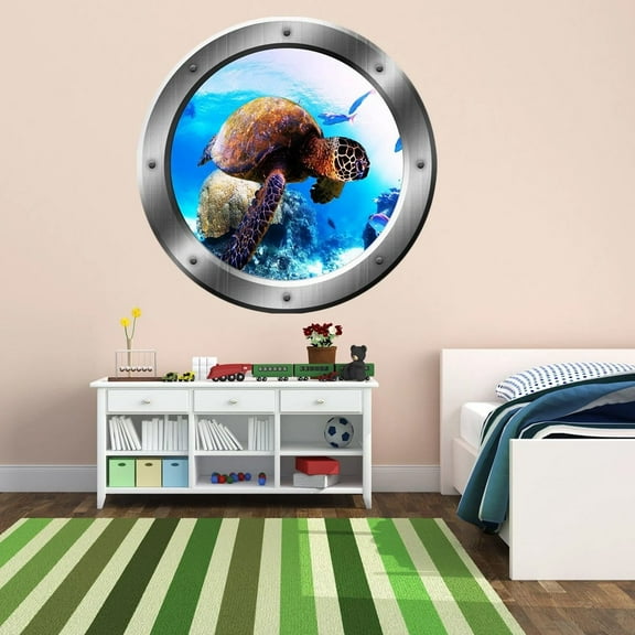 Sea Turtle Portrait, Turtle Wall Decal, Porthole, Underwater Ocean Decals - VWAQ-PO15