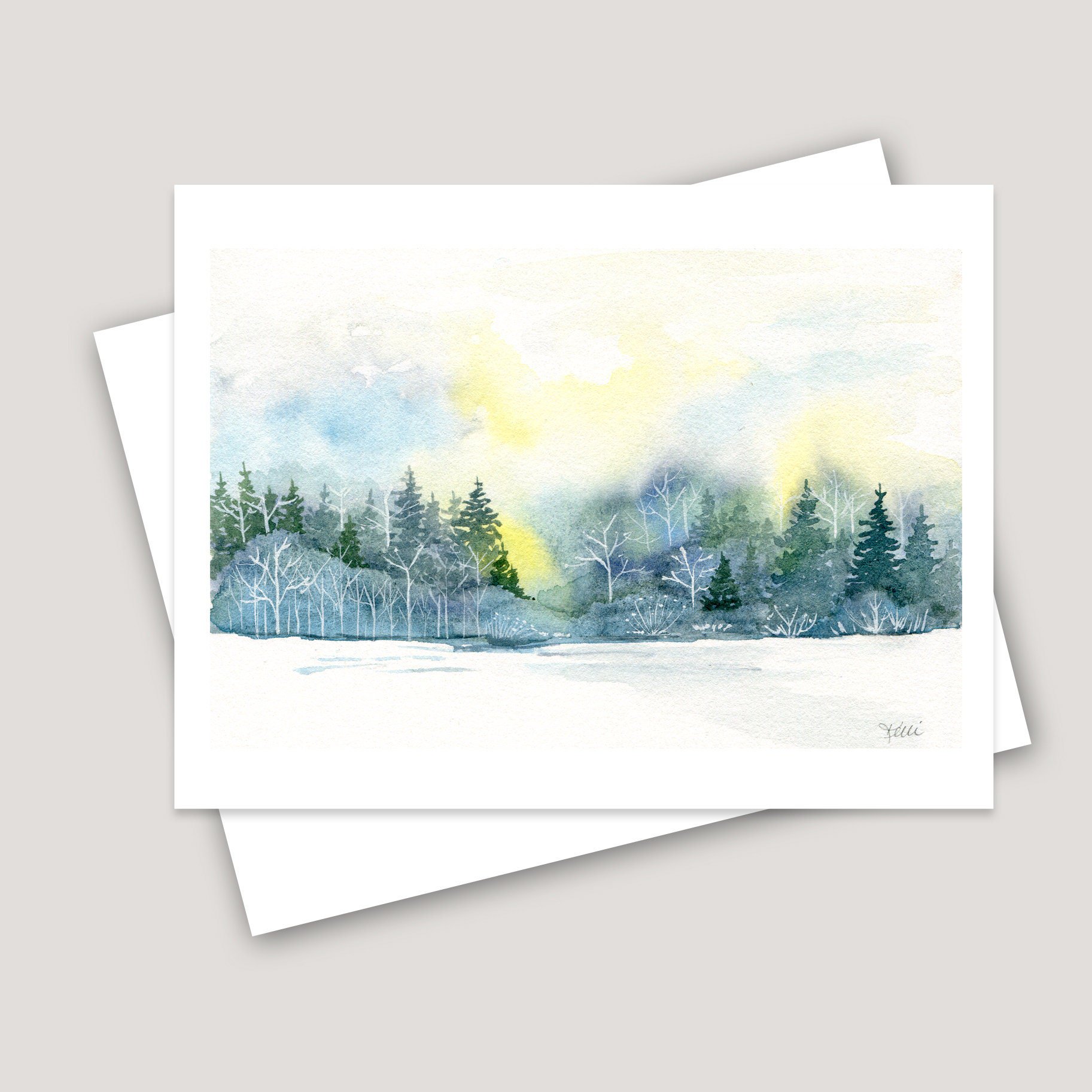 Winter Forest Watercolor Greeting Card, Snowy Landscape Stationery, Pine Trees and Sunrise Art, Holiday Seasonal Note Card