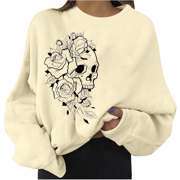 Halloween Mujer Moda Casual Estampado Cuello Redondo Suelto Manga Larga Tops Cortos Blusa Sin Capucha Sudaderas Pompotops FGAJ19088
