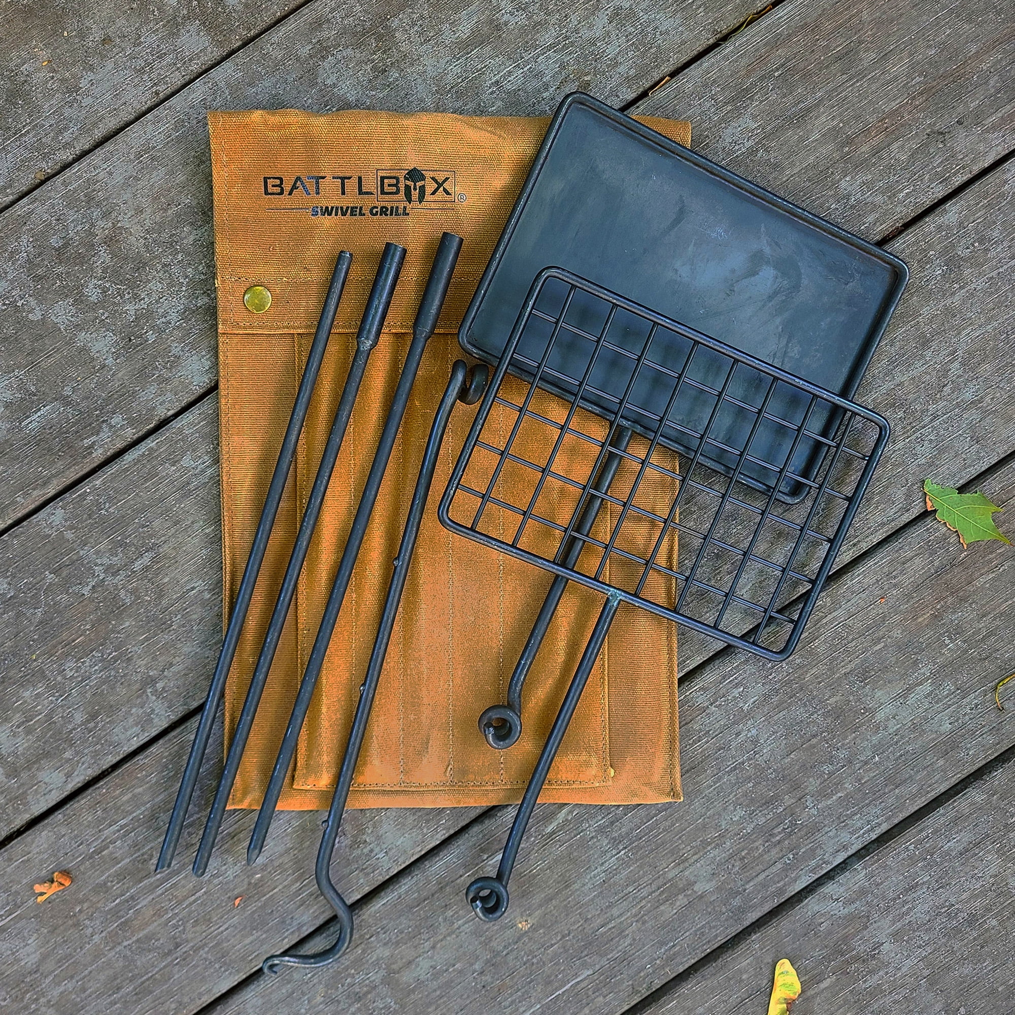 BATTLBOX Camping Grill Set, Steel Camp Cooking Grate Swivel Fire Grill