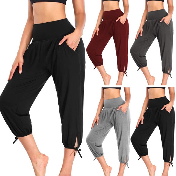 Joernso Women Casual Yoga Pants Wide Waistband High Waist Cropped Pants Pockets Design Solid Color Stretchy Sport Pants