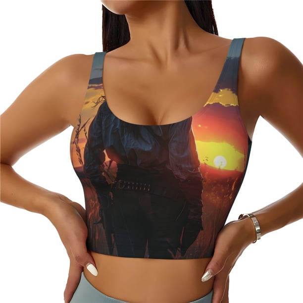 Fotbe Sunset Western Cowgirl Sujetador Deportivo Largo sin Aros para Mujer con Almohadillas y Soporte Medio, Transpirable y Absorbente, Camiseta Tipo Chaleco o Tank Top-Small