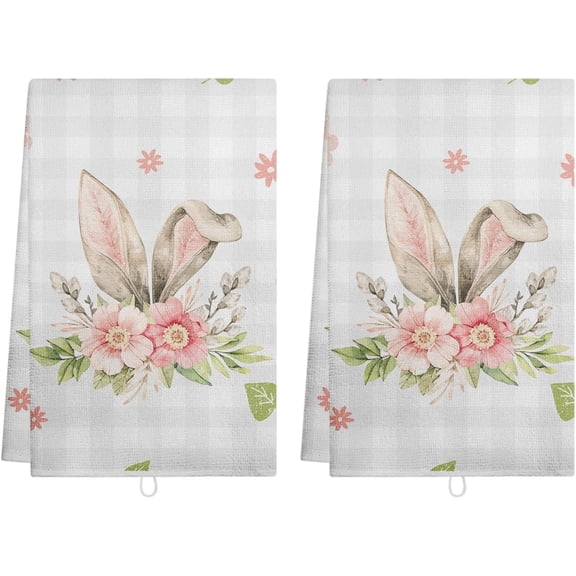 pogooe Happy Easter Bunny Rabbit Kitchen Dish Towels, 18x26 Inch Microfiber Soft Reusable Super Absorbent Flower Rose Green Spring Hand Towels Set of 2 for Kitchen Bathroom Laundry Decor
