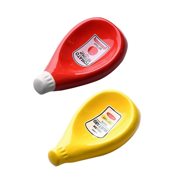2 platos de cerámica extruidos con forma de botella para salsa de tomate, plato para salsa de soja, plato para ketchup, mayonesa y mostaza, L, rojo y amarillo