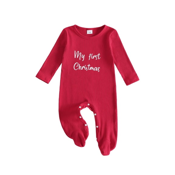 Cjfdfy Newborn Baby Girls Boy Christmas Fall Outfit My First Christmas Footed Romper Long Sleeve Waffle Knit Jumpsuit Infant Cute Christmas Fall Winter Clothes 0-12M