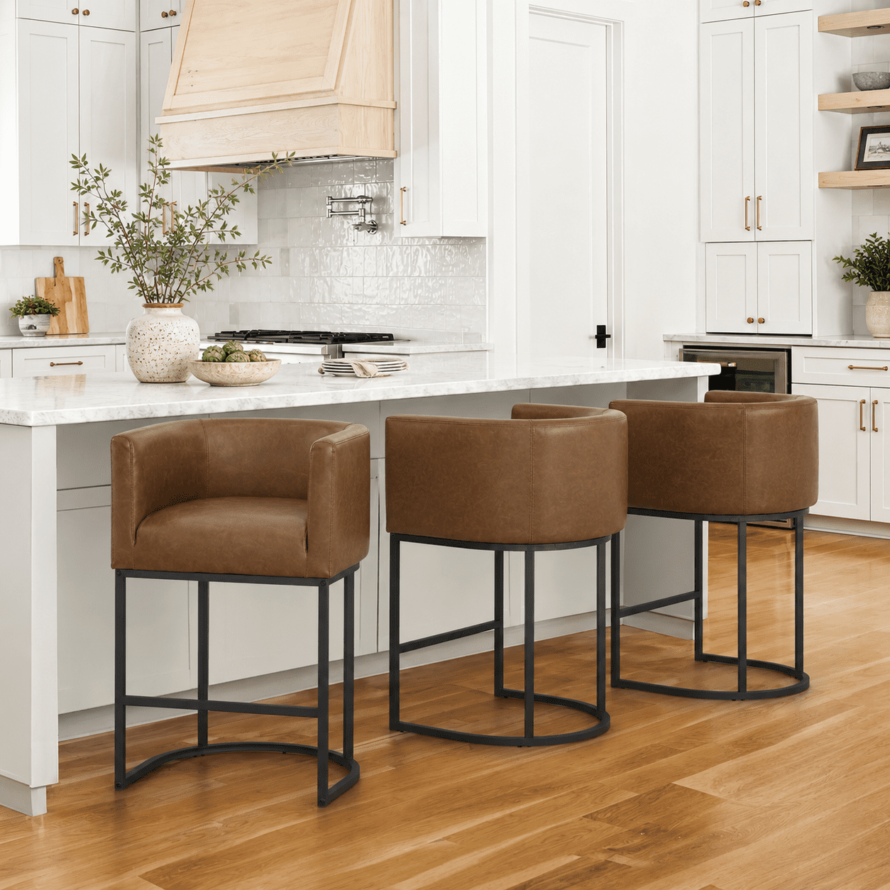 ClinQ 26" Counter Height Bar Stools Set of 3, PU Leather Barrel Bar Chairs with Back and Arms for Kitchen Island, Brown