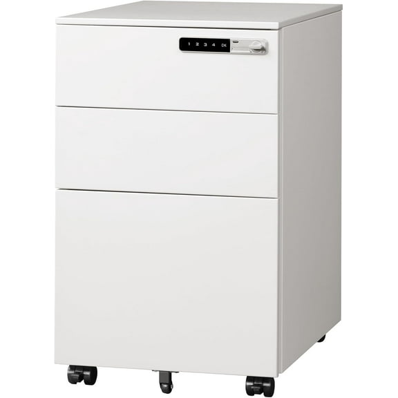 Hyxoo 3 Drawer File Cabinet with Combination Lock,Fully Assembled Metal Filling Cabinet Except Wheels, Mobile Under Desk File Cabinets for Home Office, White