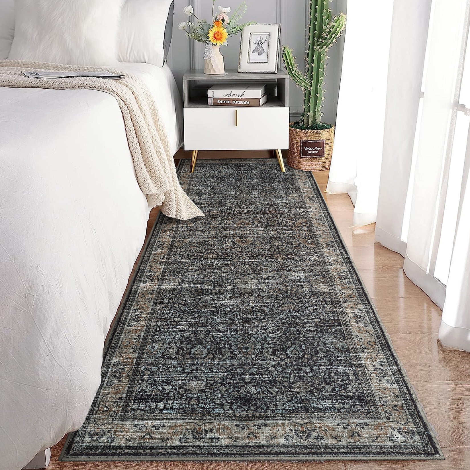 Washable Runner Rugs, Reddish Brown 2'X6' Antique Distressed Long Rug, Modern Non Slip Stain Resistant Vintage Print Accent Carpet for Living Room Bedroom Dining Office Farmhouse Hallway Entryway