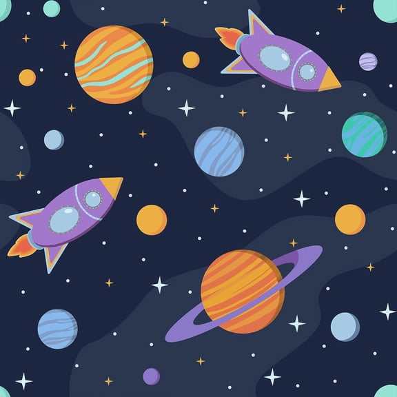 Cartoon Rocket Wallpaper Peel and Stick Universe Spaceship Wallpaper for Boys Room Kids Bedroom Astronomy Galaxy Planet Wall Paper for Nursery Navy Cosmos Contact Paper for Shelf 17.7"x157"
