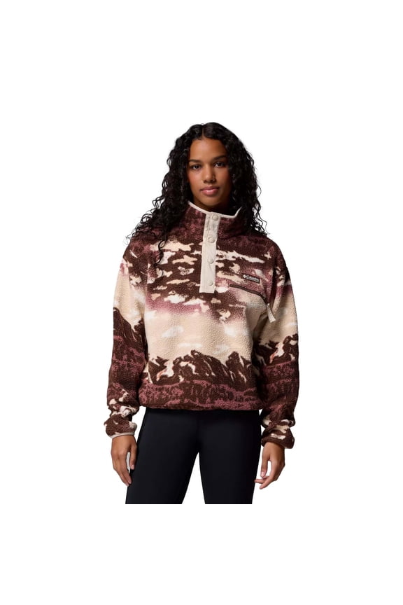 Womens Helvetia II Printed Cropped Half Snap Fleece Pullover, Tobacco Sisters/Dark Stone, Large, CL2098501-256