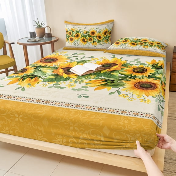 Twin Sze Fitted Sheet Set - Sunflower Yellow 2 Piece Bedding Sets 16" Deep Pocket Fitted Sheet with 1 Pillowcase, Retro Southwest Country Plant Leaf Floral Brushed Microfiber Hotel Luxury Bed Sheets