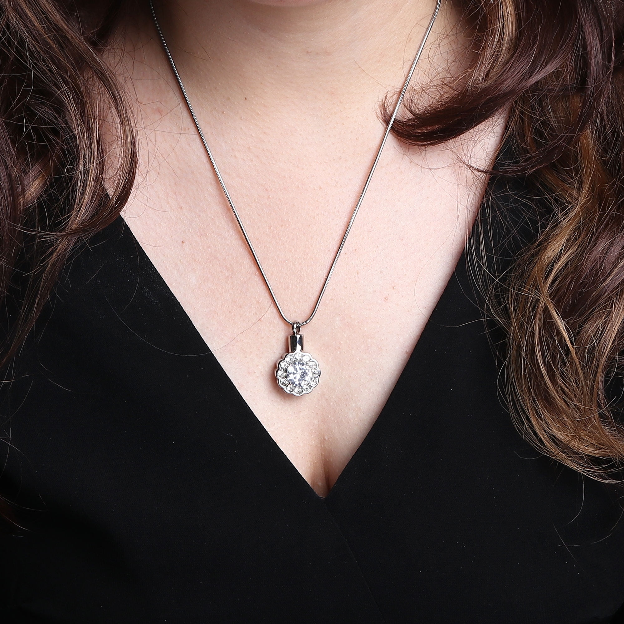Round Crystal White Beautiful Crystal Rhinestone Flower Cremation Urn Necklace for Human Ashes Stainless Steel Memorial Pendant Keepsake Jewelry with Free Funnel Kit and Velvet Jewelry Box