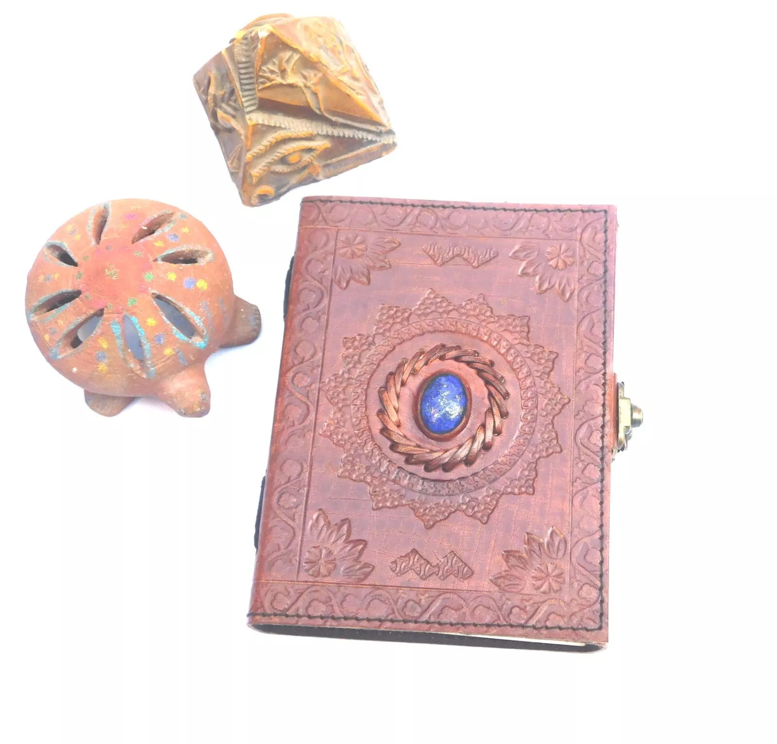 Handcrafted Embossed Design Vintage Leather Bound Journal Healing Stone Grimoire Diary Blank Notebook For Men & Women (Pack of 2)