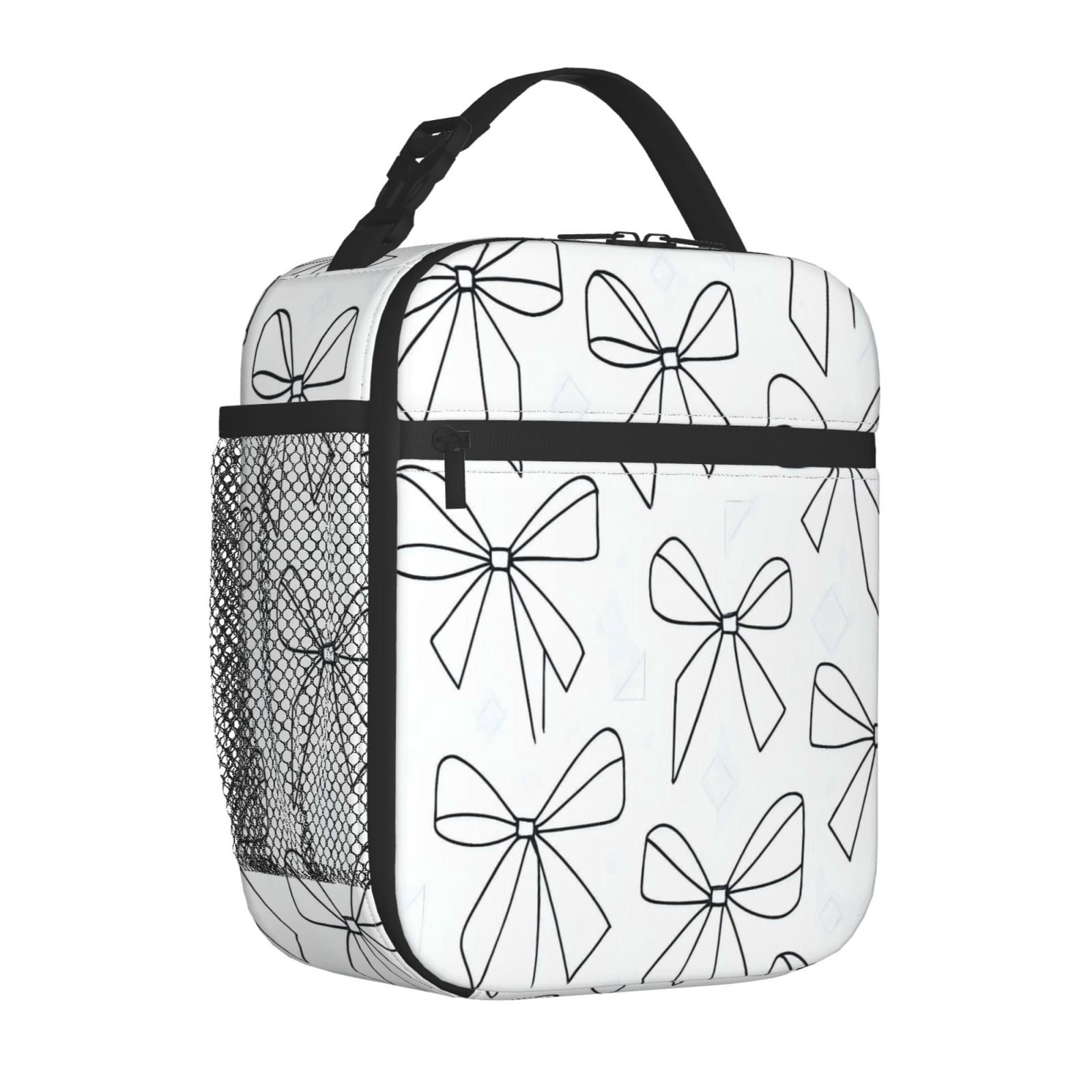 Lunch Bag For Women Men Insulated Portable Lunch Box Bento Box Office Picnic Travel Cooler Bag Modern Minimalist Thin Black And White Ribbon Bow Pattern